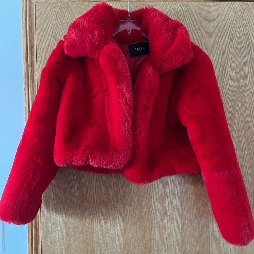 Small Akira Cropped Red Faux Fur Coat